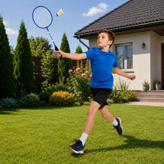 Mėlynos spalvos badmintono rinkinys su raketėmis