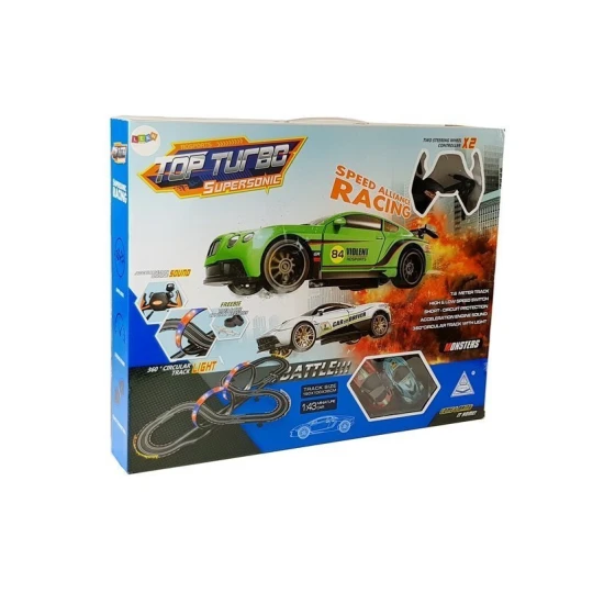 Lenktynių trasa su automobilias 7,6 m ilgio Žaisliniai traukiniai ir bėgiai