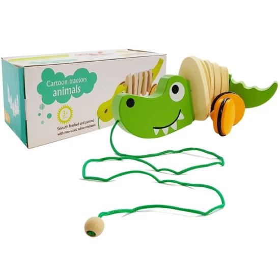 Medinis žalias krokodilas ant ratukų Mediniai žaislai