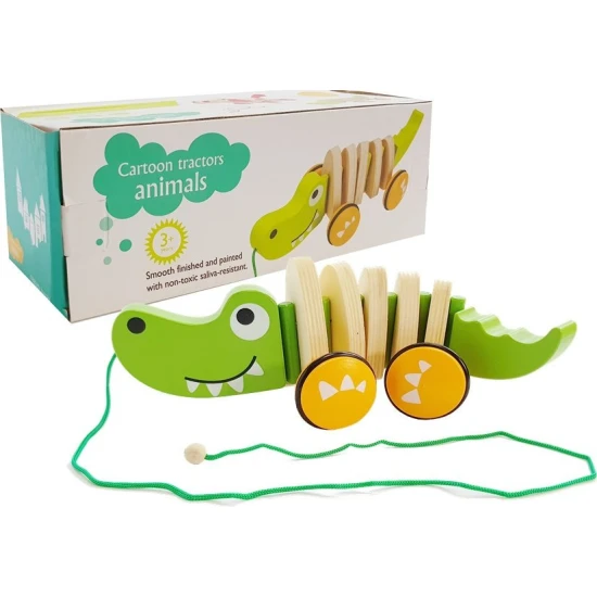 Medinis žalias krokodilas ant ratukų Mediniai žaislai