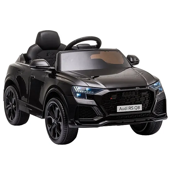 Juodas Audi RS Q8 automobilis su akumuliatoriumi Elektrinės mašinėlės vaikams