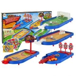 4in1 arkadinių žaidimų rinkinys: krepšinis, futbolas, taikinių metimas, boulingas