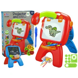 Raudona dvipusė kreidinė lenta su pieštukais, žaidimais 