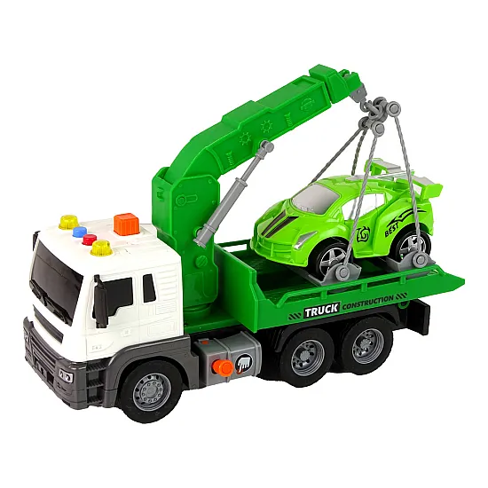Car Transporter Roadside Assistance Tow Truck 1:16 Green Sound Lights Žaisliniai automobiliai