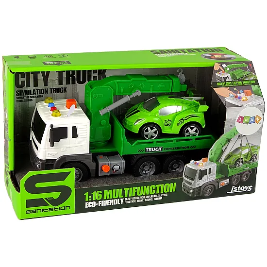 Car Transporter Roadside Assistance Tow Truck 1:16 Green Sound Lights Žaisliniai automobiliai