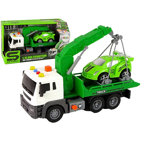 Car Transporter Roadside Assistance Tow Truck 1:16 Green Sound Lights Žaisliniai automobiliai