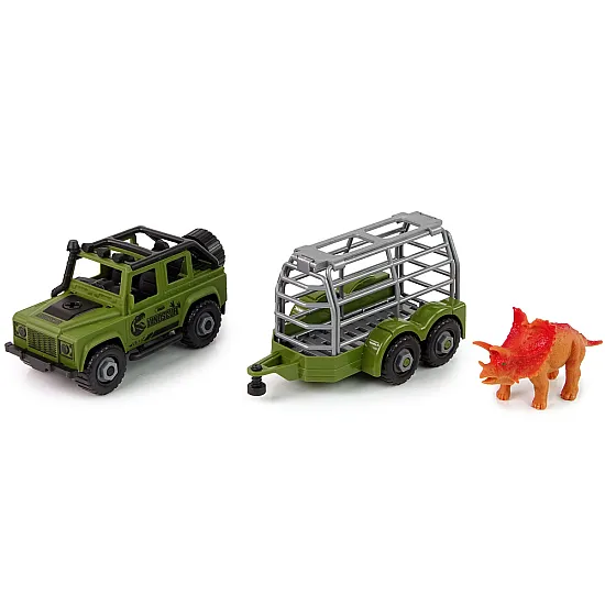 Žalias visureigis su dinozaurų transportavimo preikaba ir dinozauru Dinozaurai