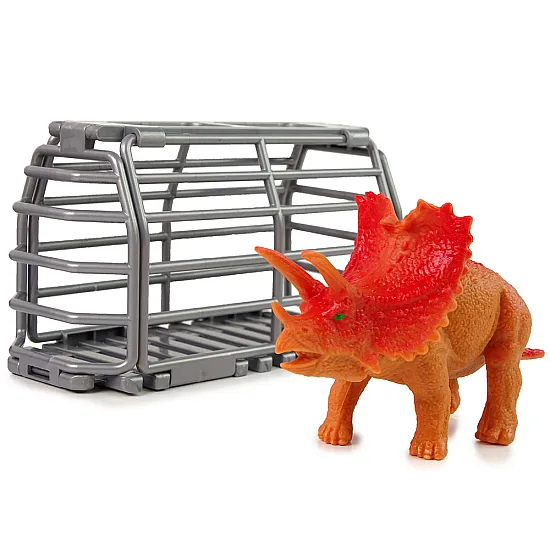 Žalias visureigis su dinozaurų transportavimo preikaba ir dinozauru Dinozaurai