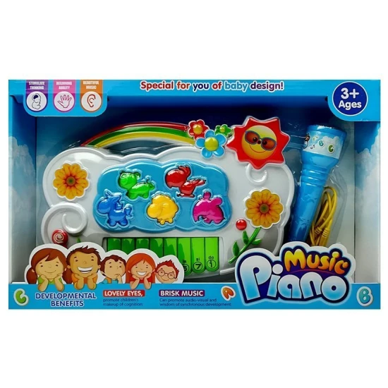 Baltas elektroninis fortepijonas su mėlynu mikrofonu Muzikos instrumentai