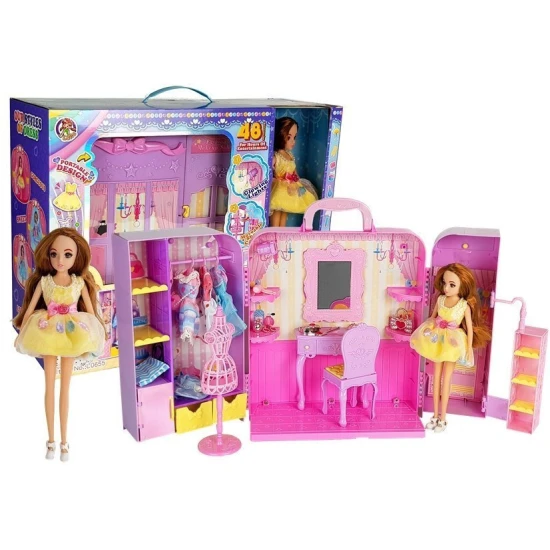 Lėlės drabužių spinta su veidrodžiu ir aksesuarais Lėlės ir žaidimų rinkiniai