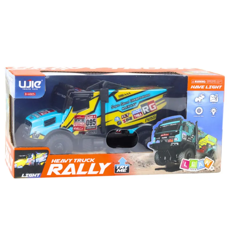 Remote control (RC) truck, turquoise color, controlled by a remote. Radio-controlled toys