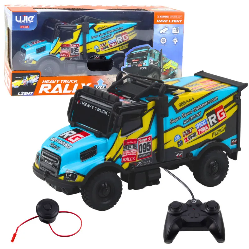 Remote control (RC) truck, turquoise color, controlled by a remote. Radio-controlled toys