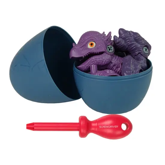 Mėlynas dinozauro kiaušinis su išardomu violetiniu dinozauru Dinozaurai