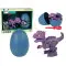 Mėlynas dinozauro kiaušinis su išardomu violetiniu dinozauru