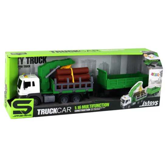 Truck With Crane Friction Drive Sounds Green Wood 1:16 Žaisliniai automobiliai