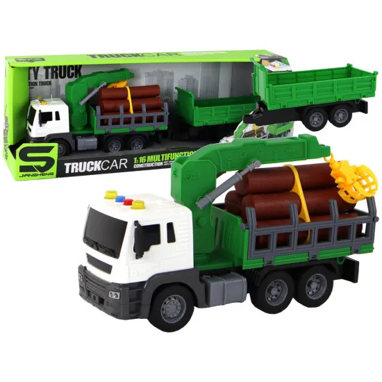 Truck With Crane Friction Drive Sounds Green Wood 1:16 Žaisliniai automobiliai