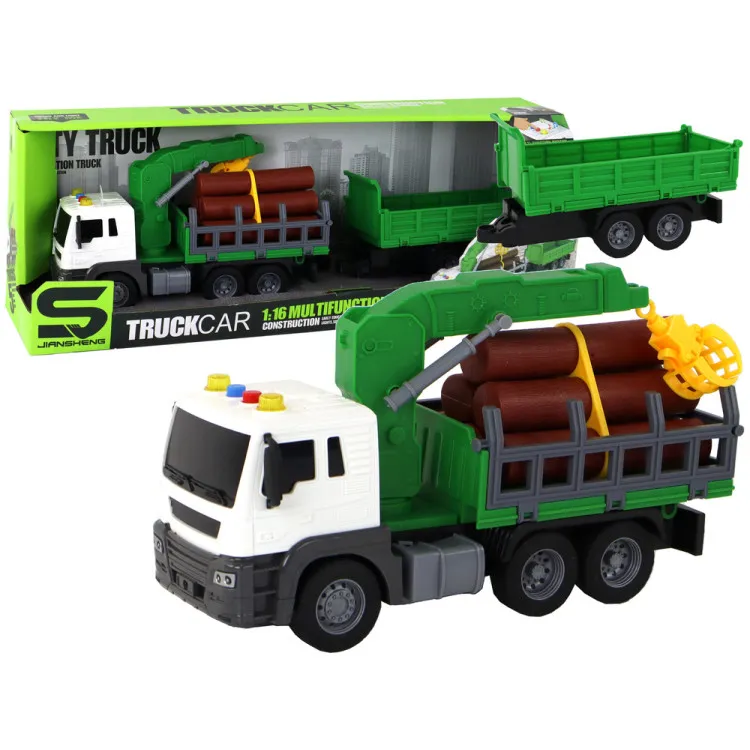 Truck With Crane Friction Drive Sounds Green Wood 1:16 Žaisliniai automobiliai