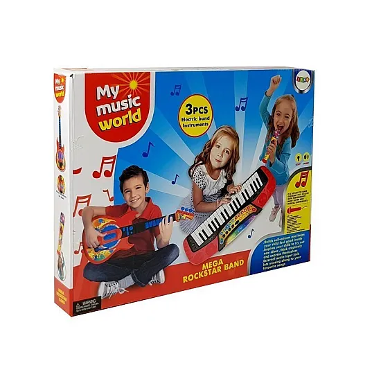 Muzikinis rinkinys 3 viename: gitara, pianinas ir mikrofonas Muzikos instrumentai