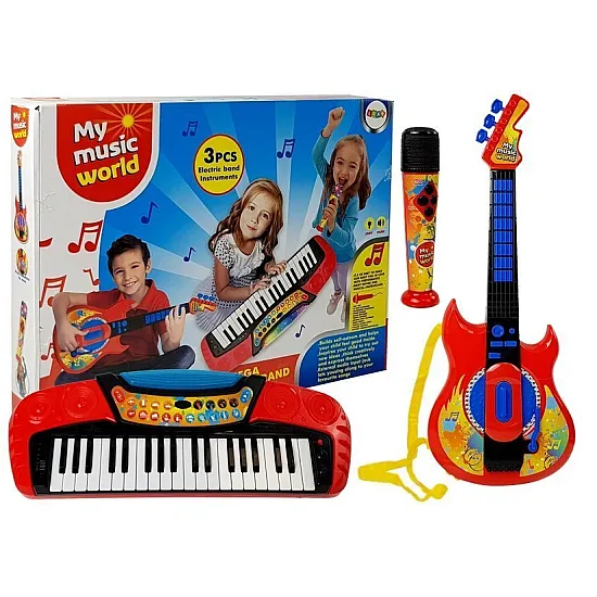 Muzikinis rinkinys 3 viename: gitara, pianinas ir mikrofonas Muzikos instrumentai