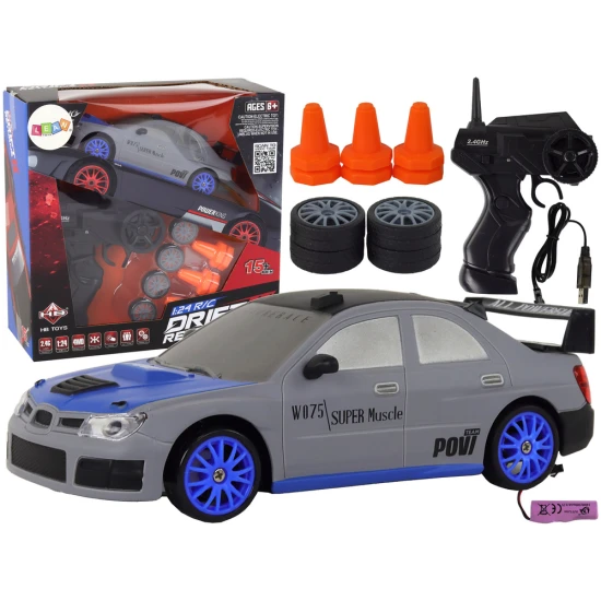 Nuotoliniu būdu valdomas sportinis automobilis R/C 1:24 pilkos spalvos keičiamais ratais Radijo bangomis valdomi žaislai