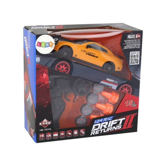 Nuotoliniu būdu valdomas sportinis automobilis R/C 1:24 geltonos spalvos keičiamais ratais Radijo bangomis valdomi žaislai