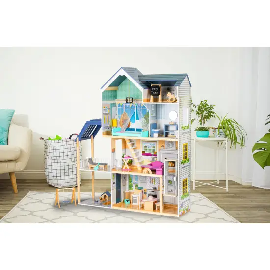 Mėlynas medinis lėlių namelis Ecotoys Lėlės ir žaidimų rinkiniai ECOTOYS