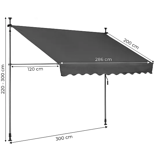 Reguliuojamo aukščio pilkas balkono/terasos tentas su svirtimi 300 x 120 cm MultiGarden