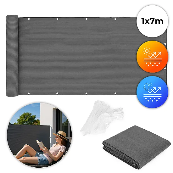 Pilka balkono užsklanda su tvirtinimo detalėmis 100 x 700 cm MultiGarden