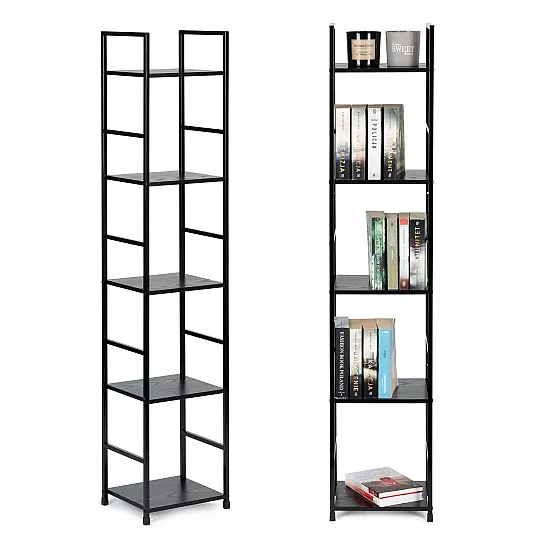 Juoda lentyna LOFT su metaliniu rėmu ir 5 lentynomis Lentynos ModernHome