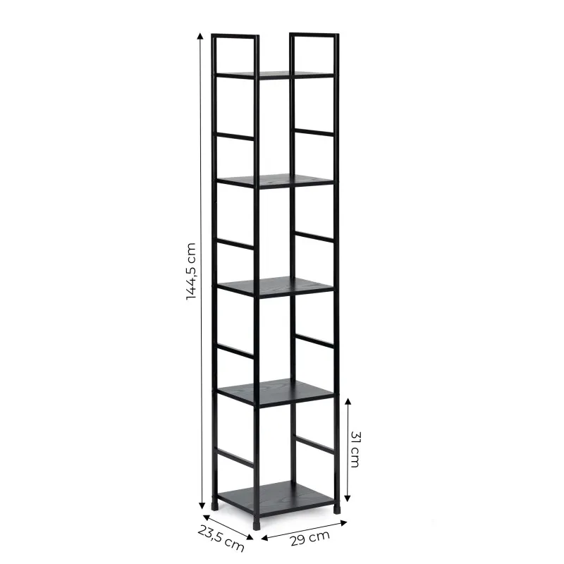 Juoda lentyna LOFT su metaliniu rėmu ir 5 lentynomis Lentynos ModernHome
