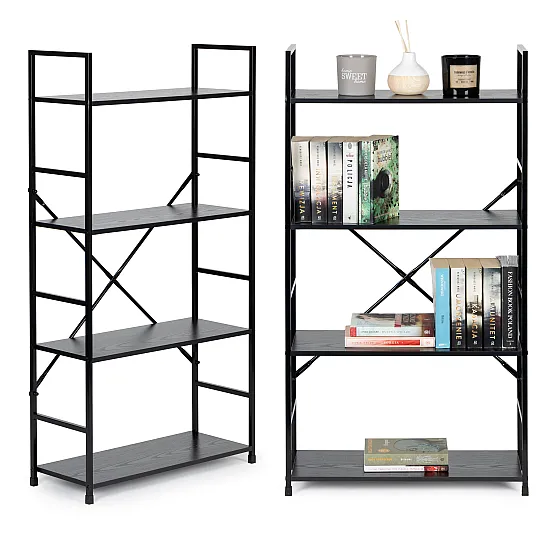 Juoda plati medinė lentyna su 4 lentynomis ModernHome