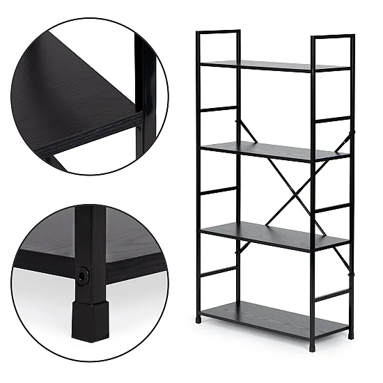 Juoda plati medinė lentyna su 4 lentynomis ModernHome