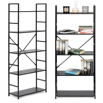 Leveä, musta ja moderni puinen LOFT-kirjahylly, jossa on 5 hyllyä