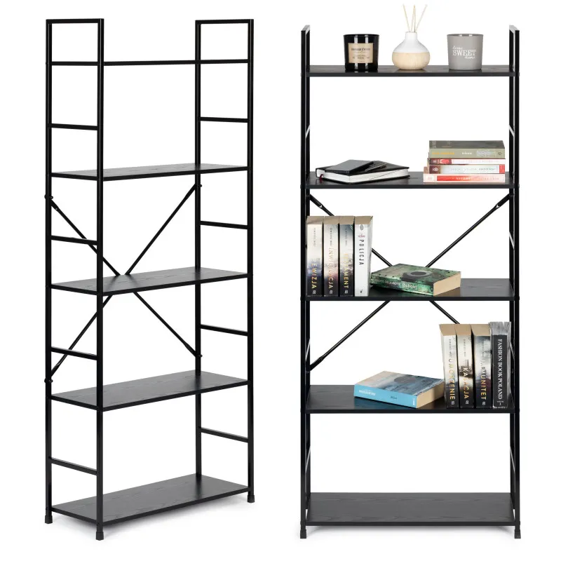 Plati juoda moderni medinė LOFT knygų spinta su 5 lentynomis Lentynos ModernHome