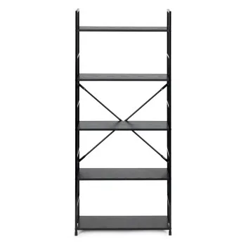 Leveä, musta ja moderni puinen LOFT-kirjahylly, jossa on 5 hyllyä