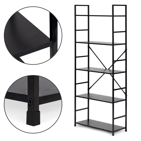 Plati juoda moderni medinė LOFT knygų spinta su 5 lentynomis Lentynos ModernHome