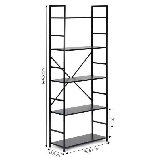 Plati juoda moderni medinė LOFT knygų spinta su 5 lentynomis Lentynos ModernHome