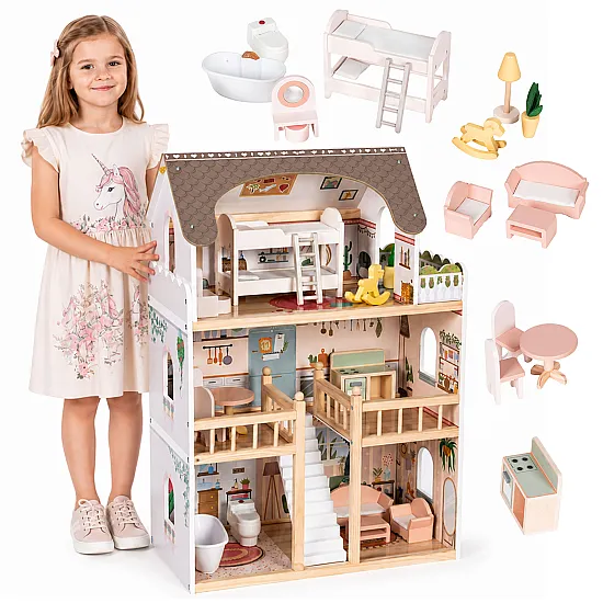 Koka leļļu mājiņa ar 3 stāviem ECOTOYS