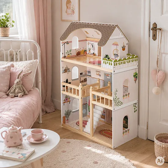 Koka leļļu mājiņa ar 3 stāviem ECOTOYS