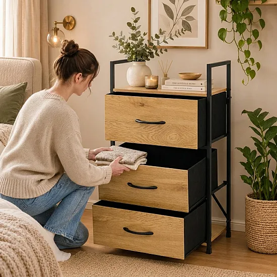 Spintelė su 3 medžiaginiais stalčiais ModernHome