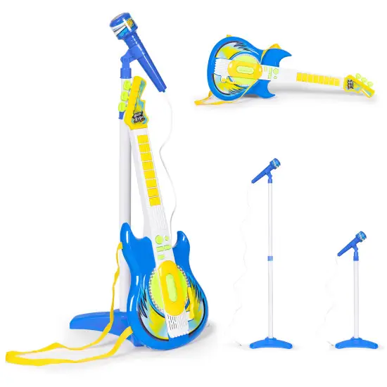 Mėlyna elektrinė gitara ir mikrofono rinkinys su stovu vaikams Muzikos instrumentai MULTISTORE