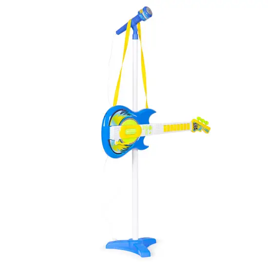 Mėlyna elektrinė gitara ir mikrofono rinkinys su stovu vaikams Muzikos instrumentai MULTISTORE