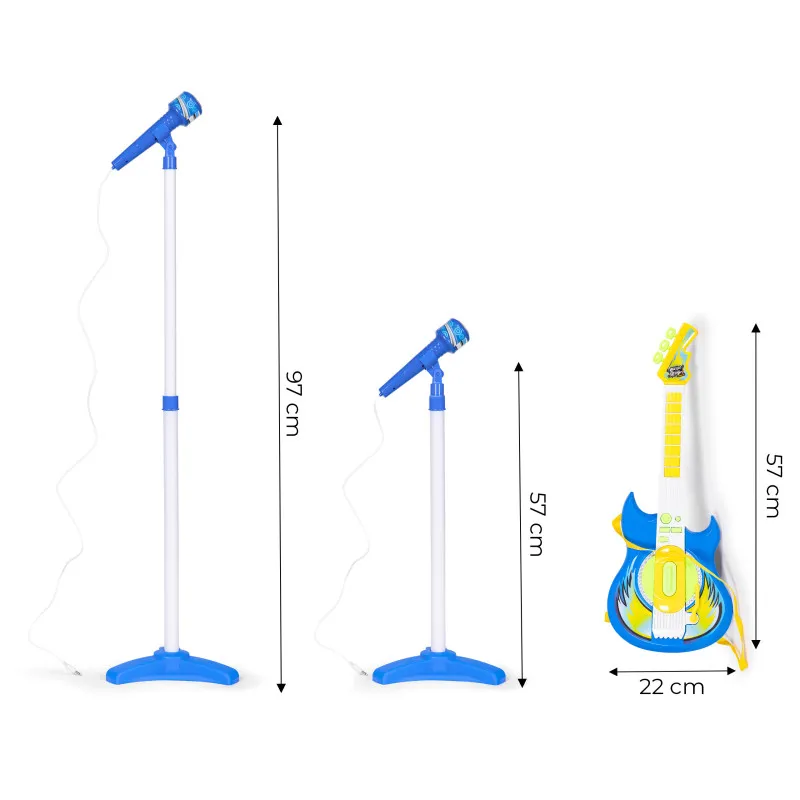 Mėlyna elektrinė gitara ir mikrofono rinkinys su stovu vaikams Muzikos instrumentai MULTISTORE