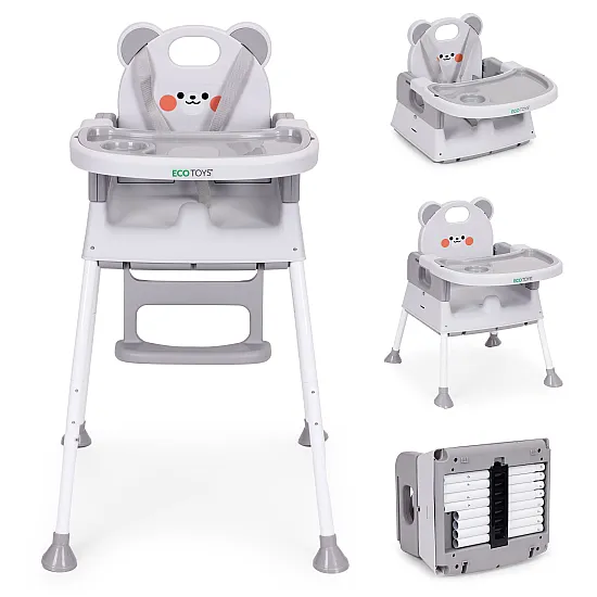 Vaikų maitinimo kėdutė 3-in-1 su dvigubu padėklu pilkos spalvos ECOTOYS