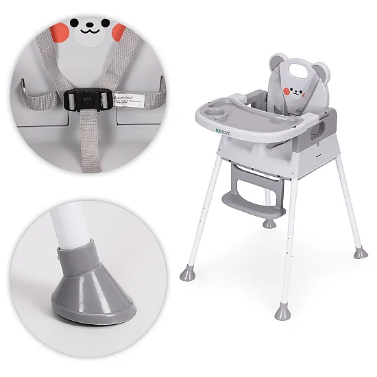 Vaikų maitinimo kėdutė 3-in-1 su dvigubu padėklu pilkos spalvos ECOTOYS