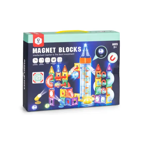 Magnetiniai šviečiantys konstruktoriaus blokai su rutulių takeliu 134 vnt.