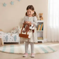 Pūkuotas šuniukas maišelyje su šukomis