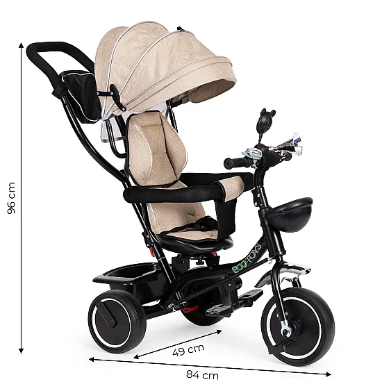 Rusvas triratis dviratis su besisukančia sėdyne