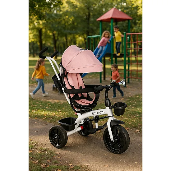 Rozā trīsriteņu ratiņi ar 360° pagriežamu sēdekli