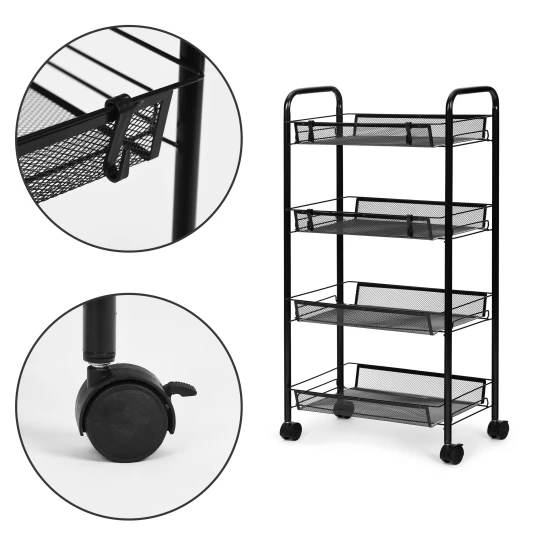 Juoda metalinė lentyna su 4 lentynomis ir ratukais Lentynos ModernHome